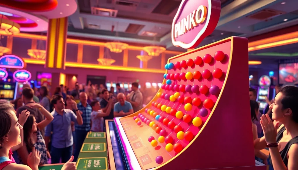 Menangkan permainan situs plinko dengan bola berwarna cerah jatuh pada papan.