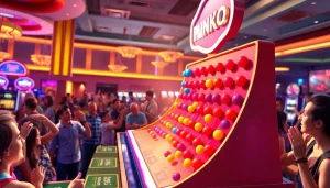 Menangkan permainan situs plinko dengan bola berwarna cerah jatuh pada papan.