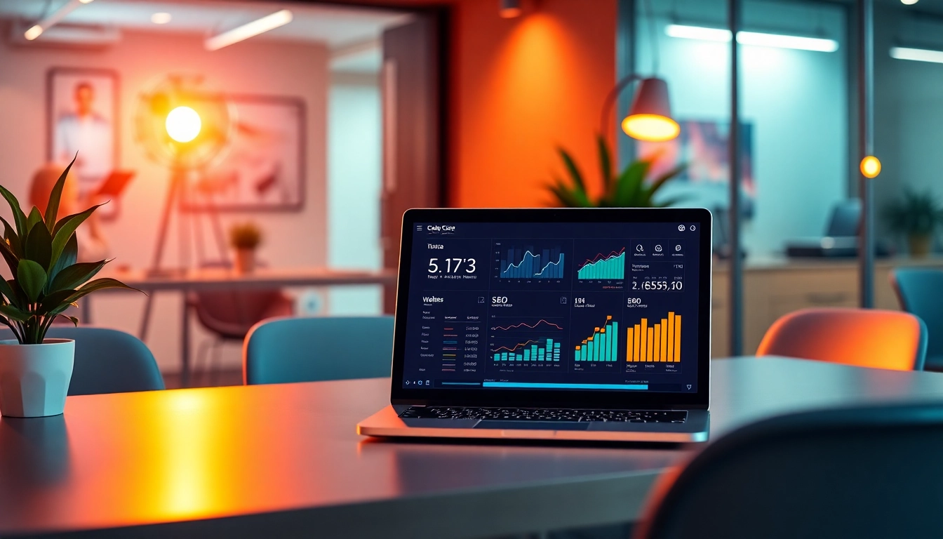 Professional office showcasing website care services with analytics and SEO metrics.