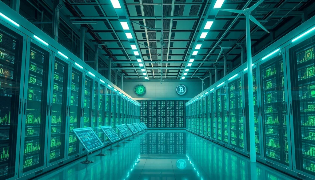 Bitcoin cloud mining facility showcasing renewable energy sources and advanced AI technology.