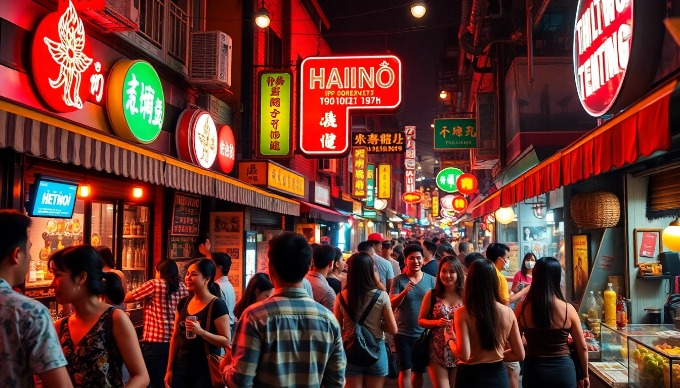 Experience 하노이밤문화 with vibrant nightlife scenes featuring lively bars and food vendors.