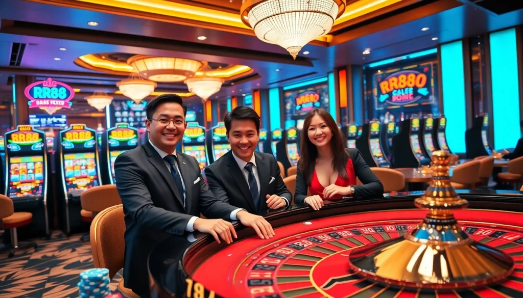 RR88 players enjoying a thrilling game at a vibrant casino table, surrounded by excitement and luxury.