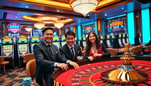 RR88 players enjoying a thrilling game at a vibrant casino table, surrounded by excitement and luxury.