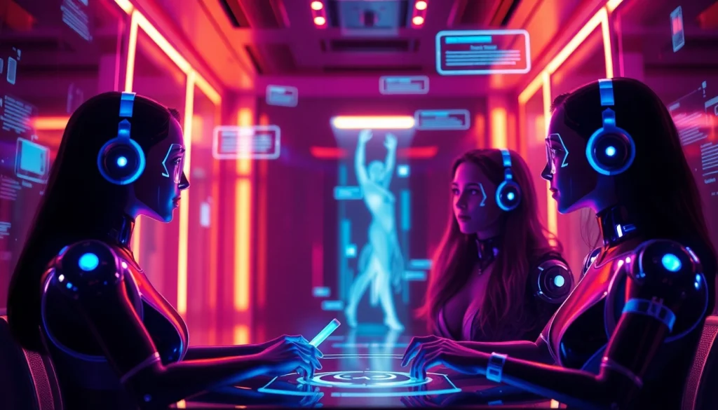 Engaging AI sex chat scene featuring futuristic avatars and interactive digital interface.