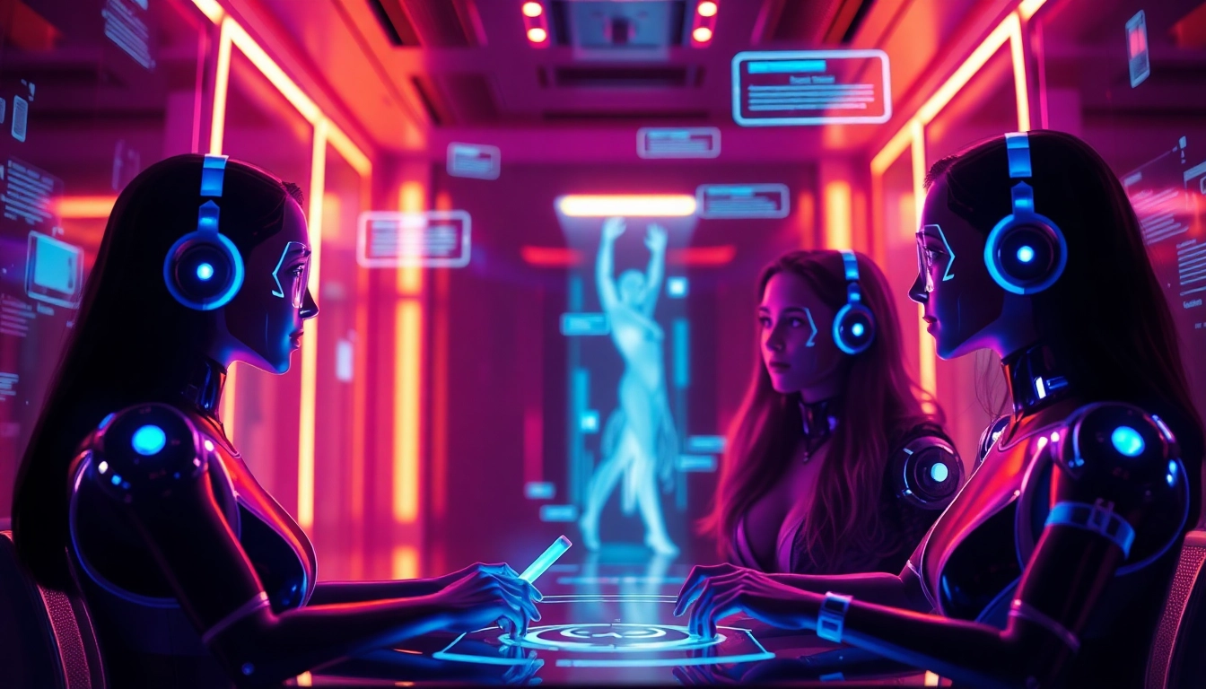 Engaging AI sex chat scene featuring futuristic avatars and interactive digital interface.