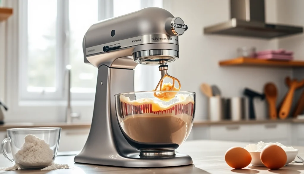 Using a KitchenAid mixer NZ to blend ingredients for a colorful cake batter in a modern kitchen.