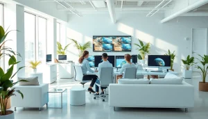 Workspace featuring professionals using Nano Banana AI for image editing in a modern office.