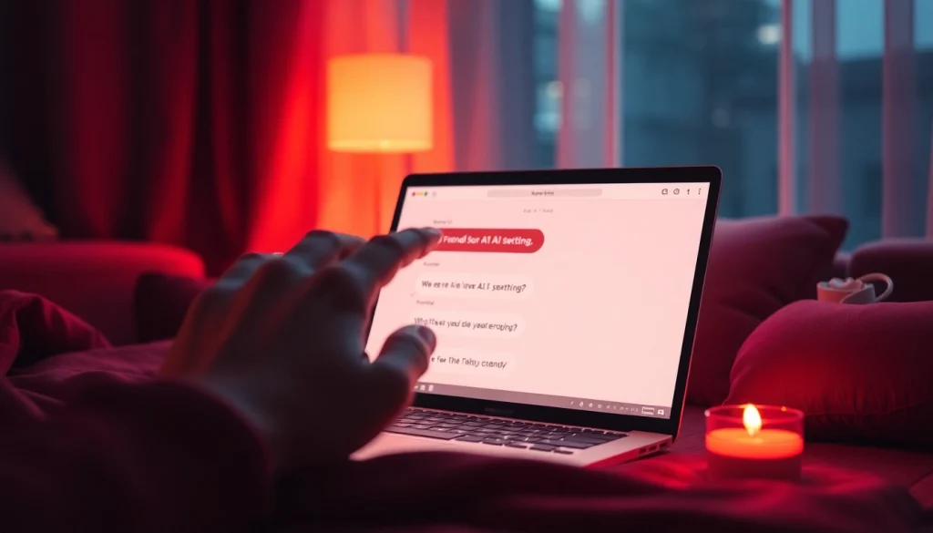 Engaging AI sexting conversation displayed on a laptop screen in a cozy setting.