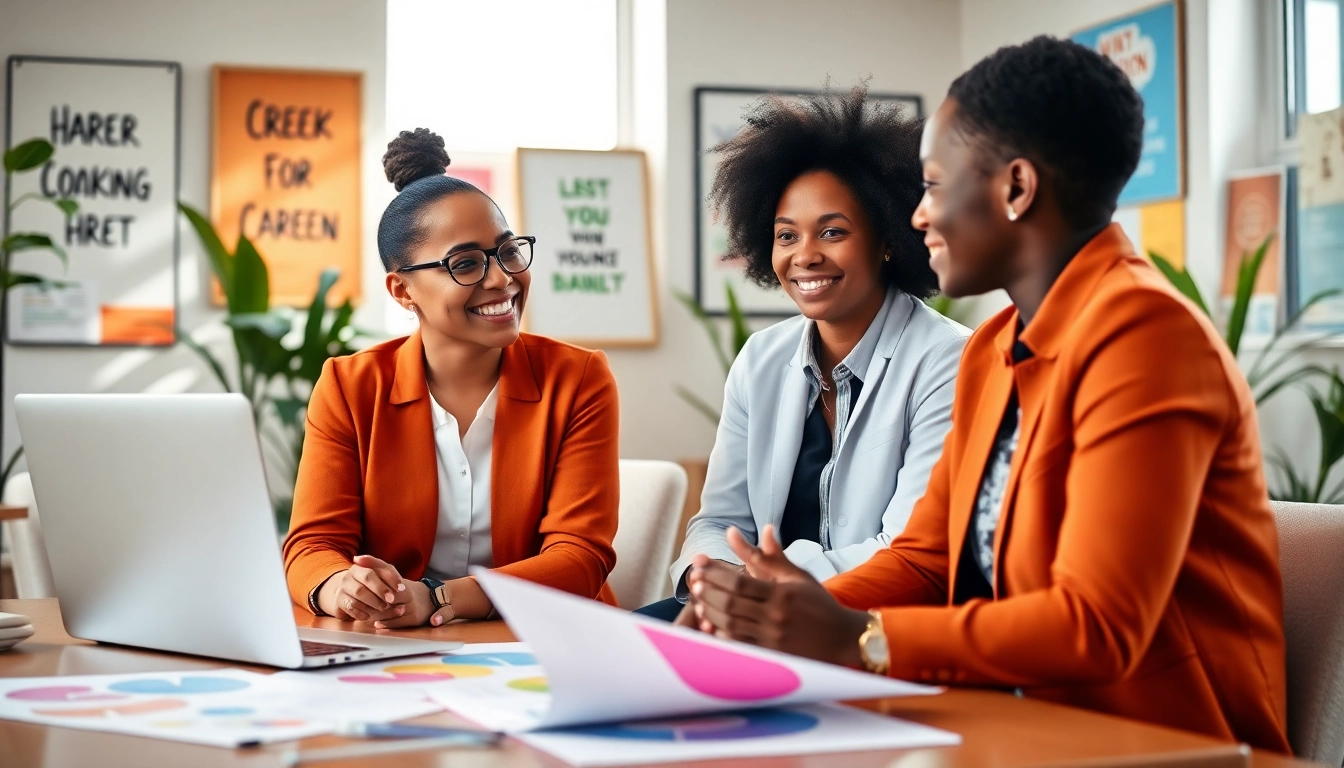 Engaging scene of career coaching Gaithersburg, MD with a diverse coach and client in an inspiring office.