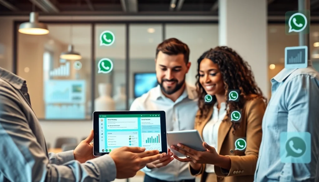 Collaborating team exploring WhatsApp Business CRM in a modern office for enhanced communication.