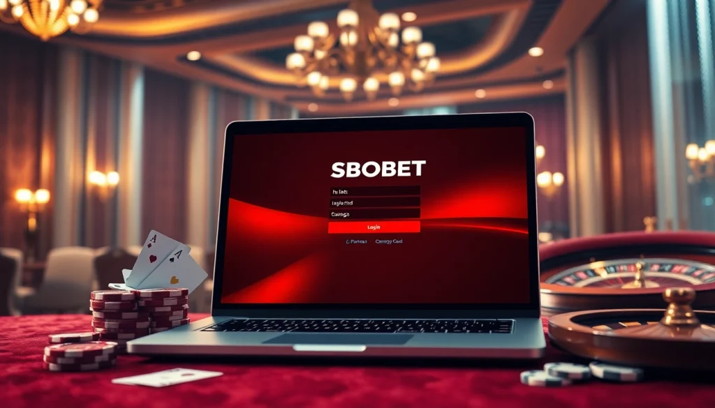 SBOBET login interface on a luxurious casino-themed backdrop, highlighting online gambling excitement.