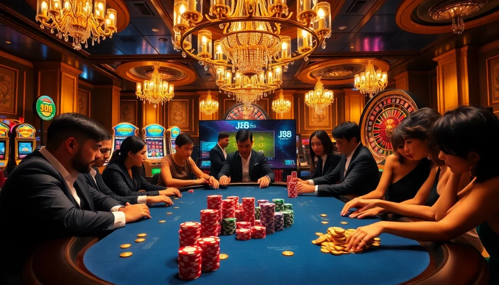 Engaged players at a vibrant J88 casino table, illuminated by golden lights and surrounded by chips.