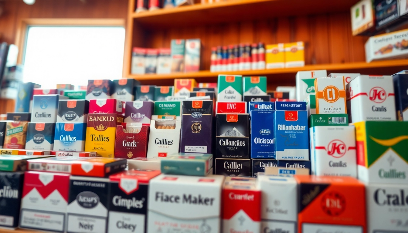 Showcasing cheap cigarettes with vibrant packaging in a retail display setting.