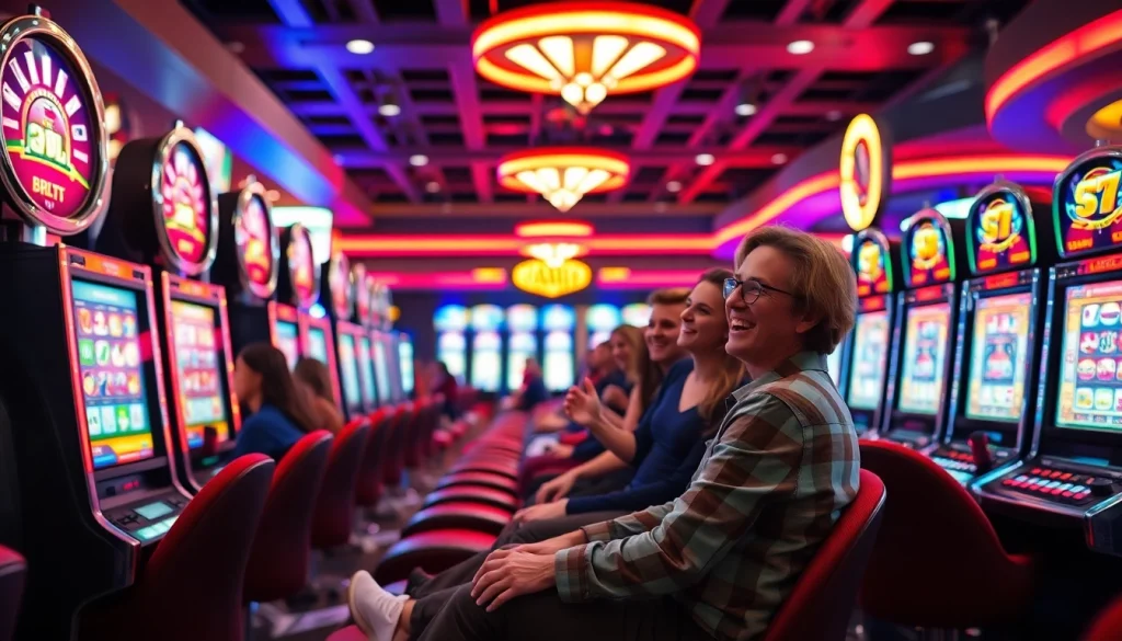 Menang di slot deposit 1k dengan suasana kasino yang ceria dan mesin slot menyala.