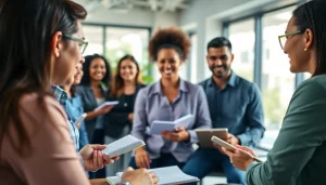 Dynamic business coaching service session highlighting collaboration and engagement in a modern office.