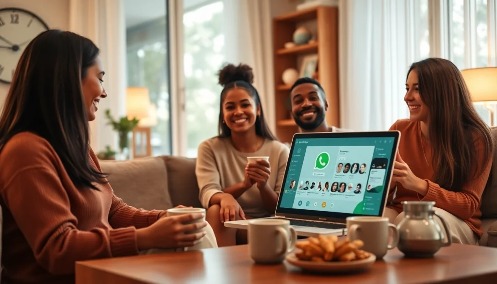 朋友在笔记本电脑上使用 WhatsApp Web，展示现代化的沟通方式。