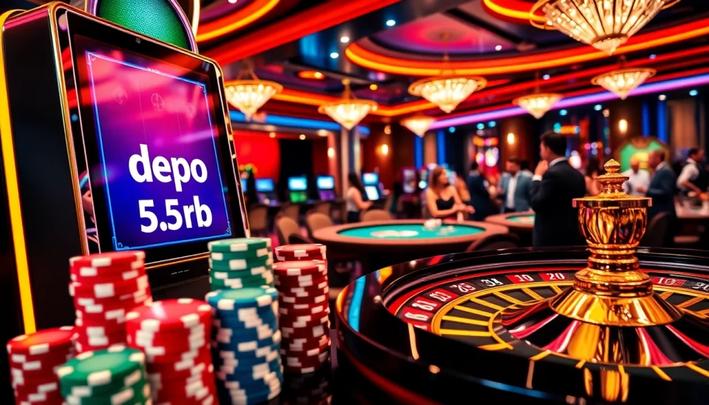 Exciting scene of slot depo 5rb gameplay with colorful chips and dynamic casino atmosphere.