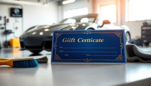 Car detailing gift certificate prominently showcased with detailing tools, inviting luxurious vehicle care.