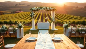 Plan a wedding at Clarksburg Wedding Venues with this serene vineyard setup featuring elegant décor.