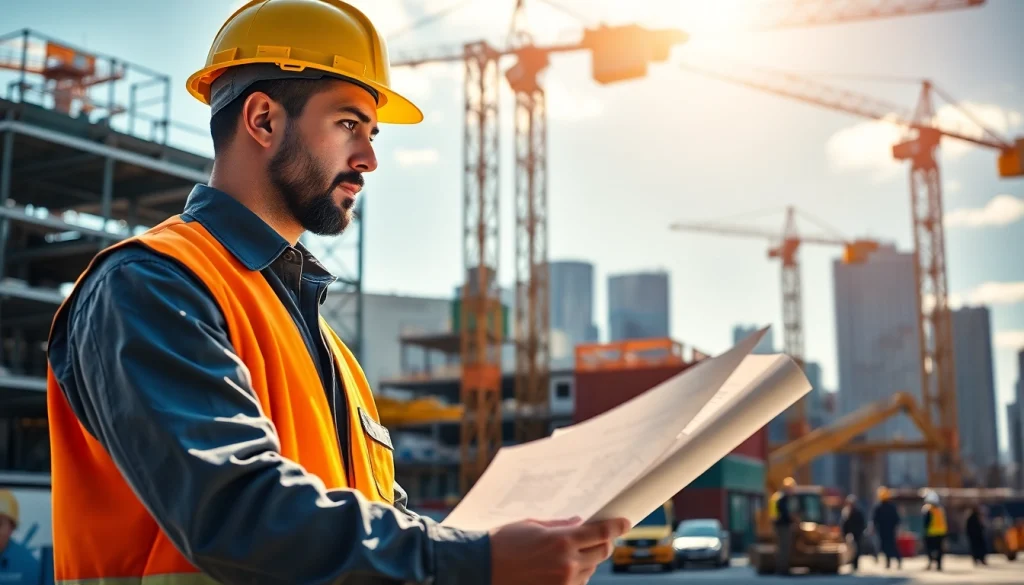New York City Construction Manager supervising a busy construction site with plans in hand.