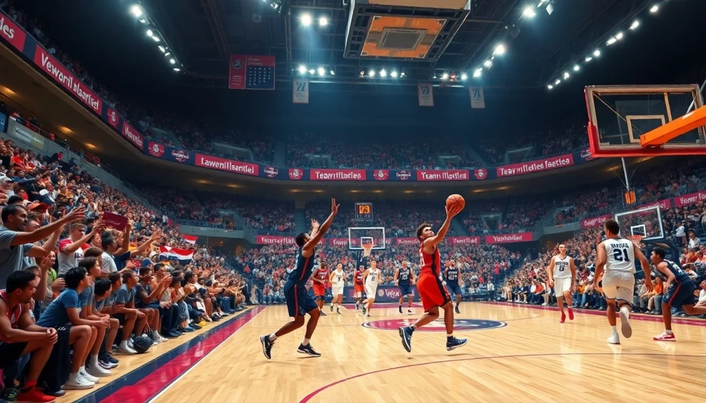 Watch a dynamic basketball match while ดูบาสสด unfolds in an energized stadium atmosphere.