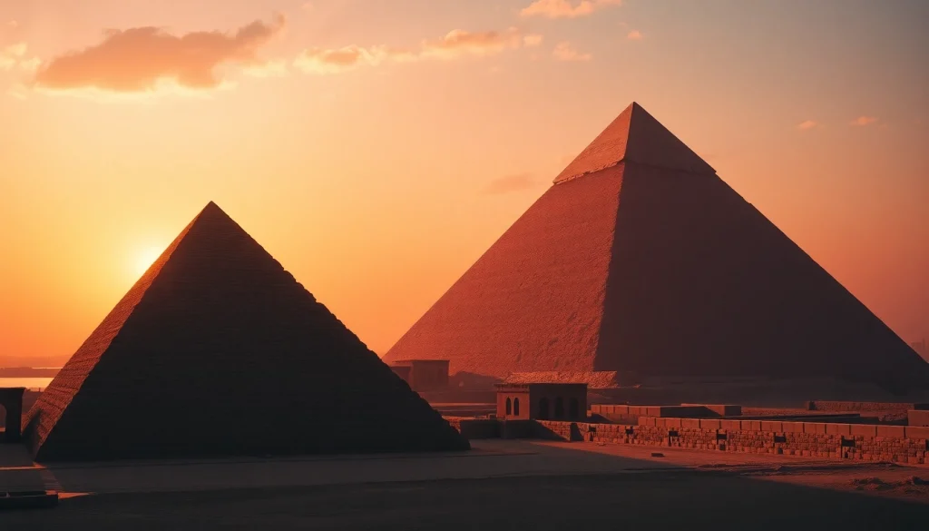 Explore the grandeur of pyraminds under a glowing sunset over Giza.