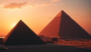 Explore the grandeur of pyraminds under a glowing sunset over Giza.
