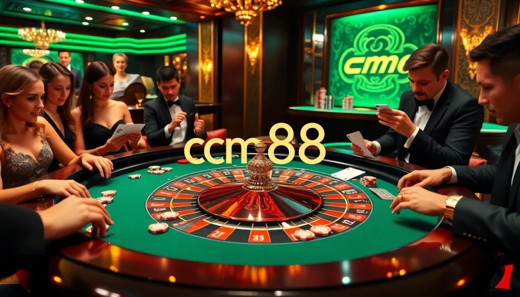 Gambling scene with cm88-themed roulette table and players strategizing for big wins.