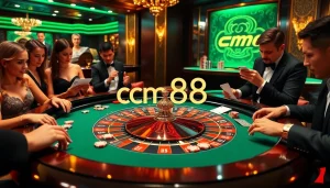 Gambling scene with cm88-themed roulette table and players strategizing for big wins.