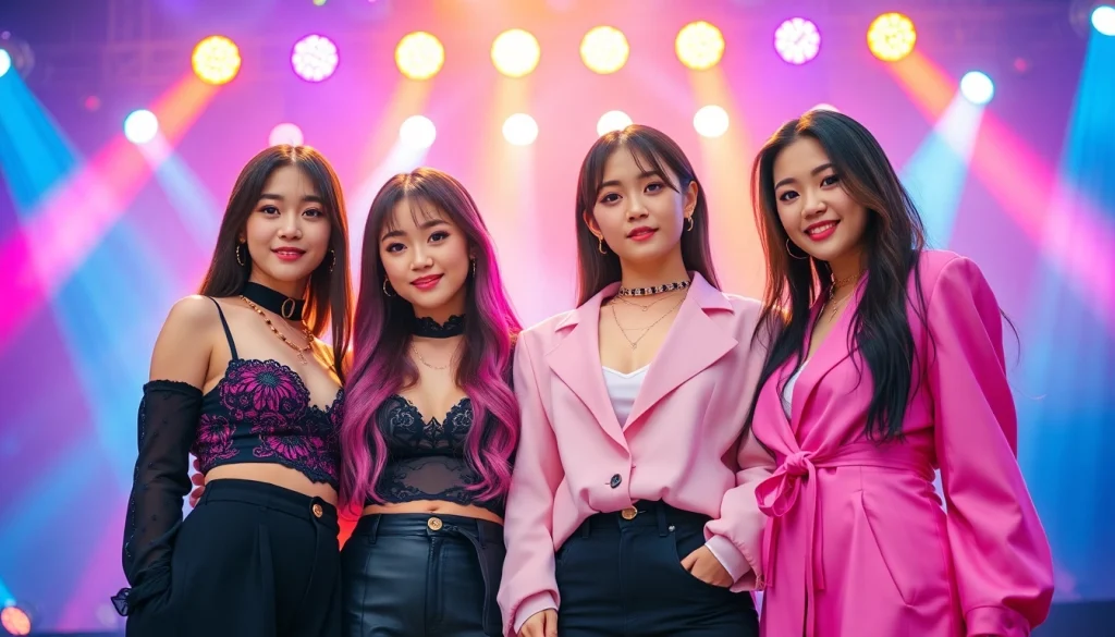 Blackpink members Jisoo, Jennie, Rosé, and Lisa posing together on stage with vibrant lighting.