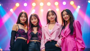 Blackpink members Jisoo, Jennie, Rosé, and Lisa posing together on stage with vibrant lighting.