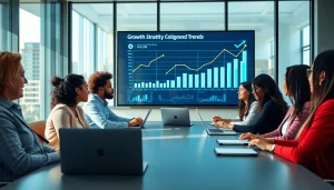 Analyze growth strategy trends during an engaging business meeting with professionals.