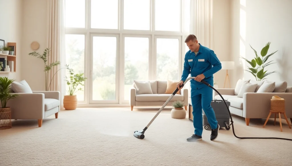 Carpet cleaning specials offered by a technician in a modern living room.