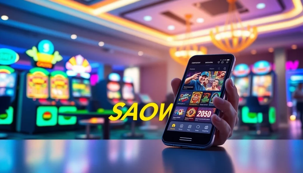Giao diện SAOWIN APK được hiển thị trên điện thoại thông minh, nổi bật các yếu tố trò chơi sống động.