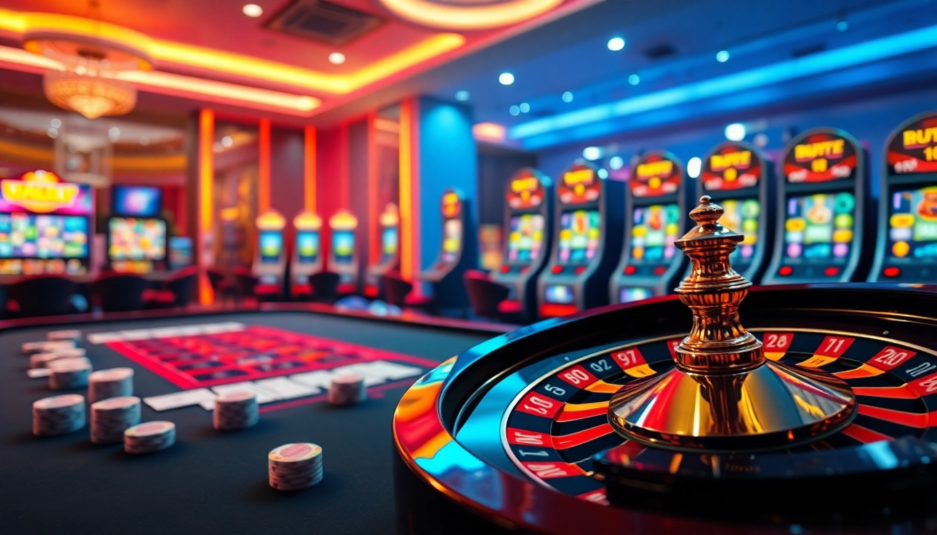 Engaging casino experience featuring mm88 kjc with vibrant tables and slot machines for online gamblers.