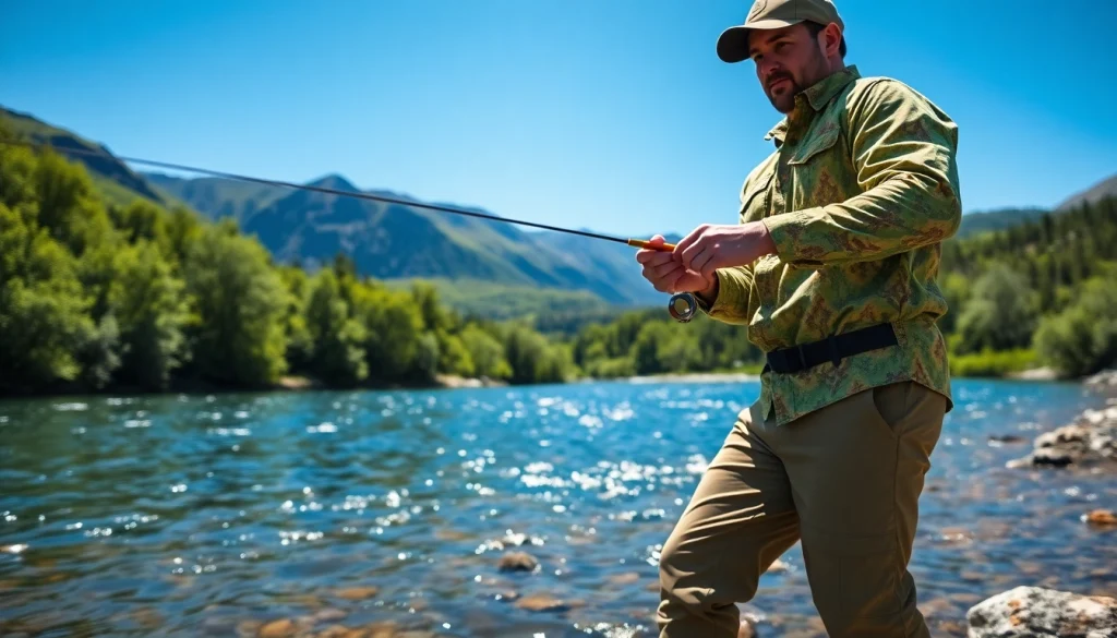 Angler wearing high-quality fly fishing apparel while casting a line at a picturesque river.