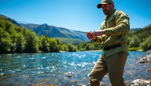 Angler wearing high-quality fly fishing apparel while casting a line at a picturesque river.