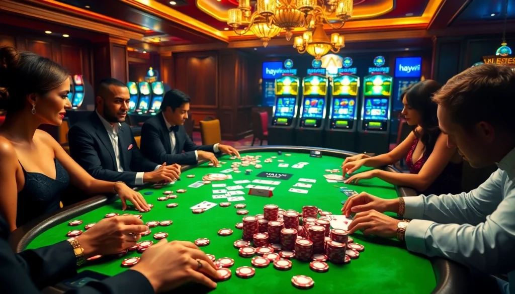 Experience the vibrant atmosphere at hay.win as players enjoy intense poker games at a luxurious casino table.
