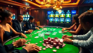 Experience the vibrant atmosphere at hay.win as players enjoy intense poker games at a luxurious casino table.
