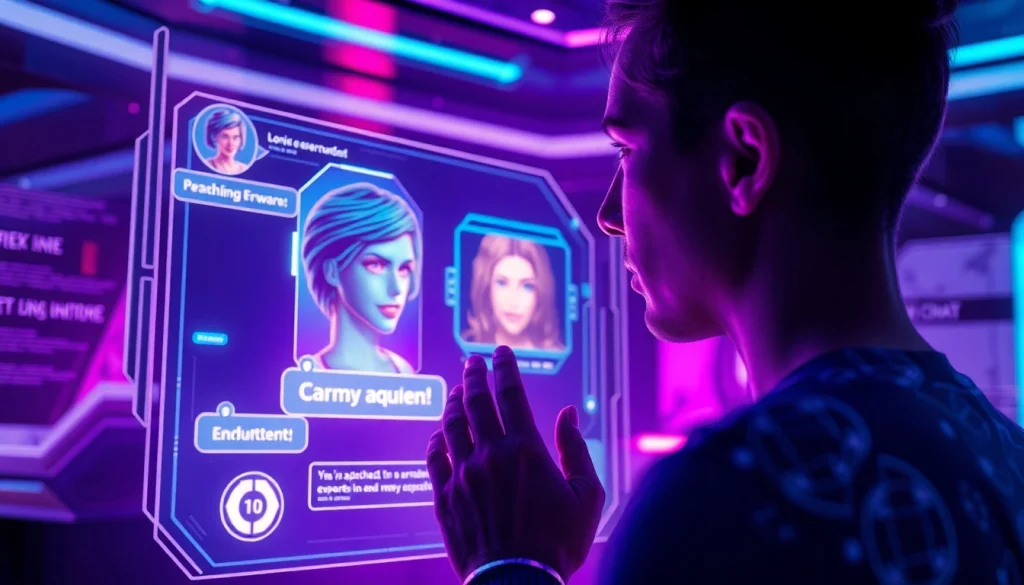Engaging in NSFW AI chat with a holographic character, showcasing vibrant digital interactions.