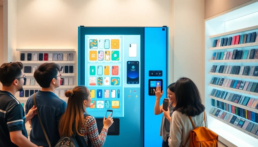 Engaging customers use the innovative phone case vending machine for personalized designs.