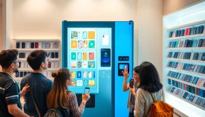 Engaging customers use the innovative phone case vending machine for personalized designs.