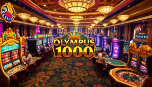 Berinteraksi dengan mesin slot Olympus 1000 di kasino mewah yang penuh penjudi.