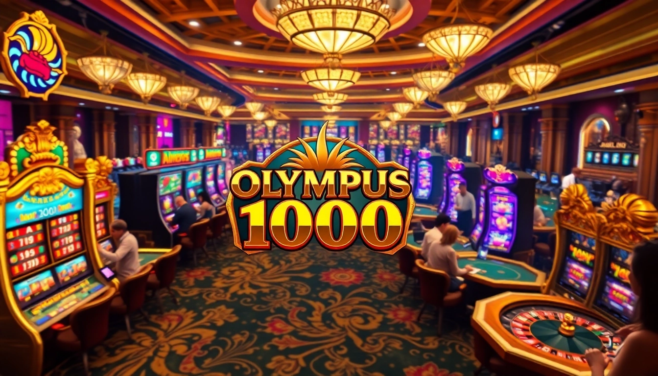 Berinteraksi dengan mesin slot Olympus 1000 di kasino mewah yang penuh penjudi.