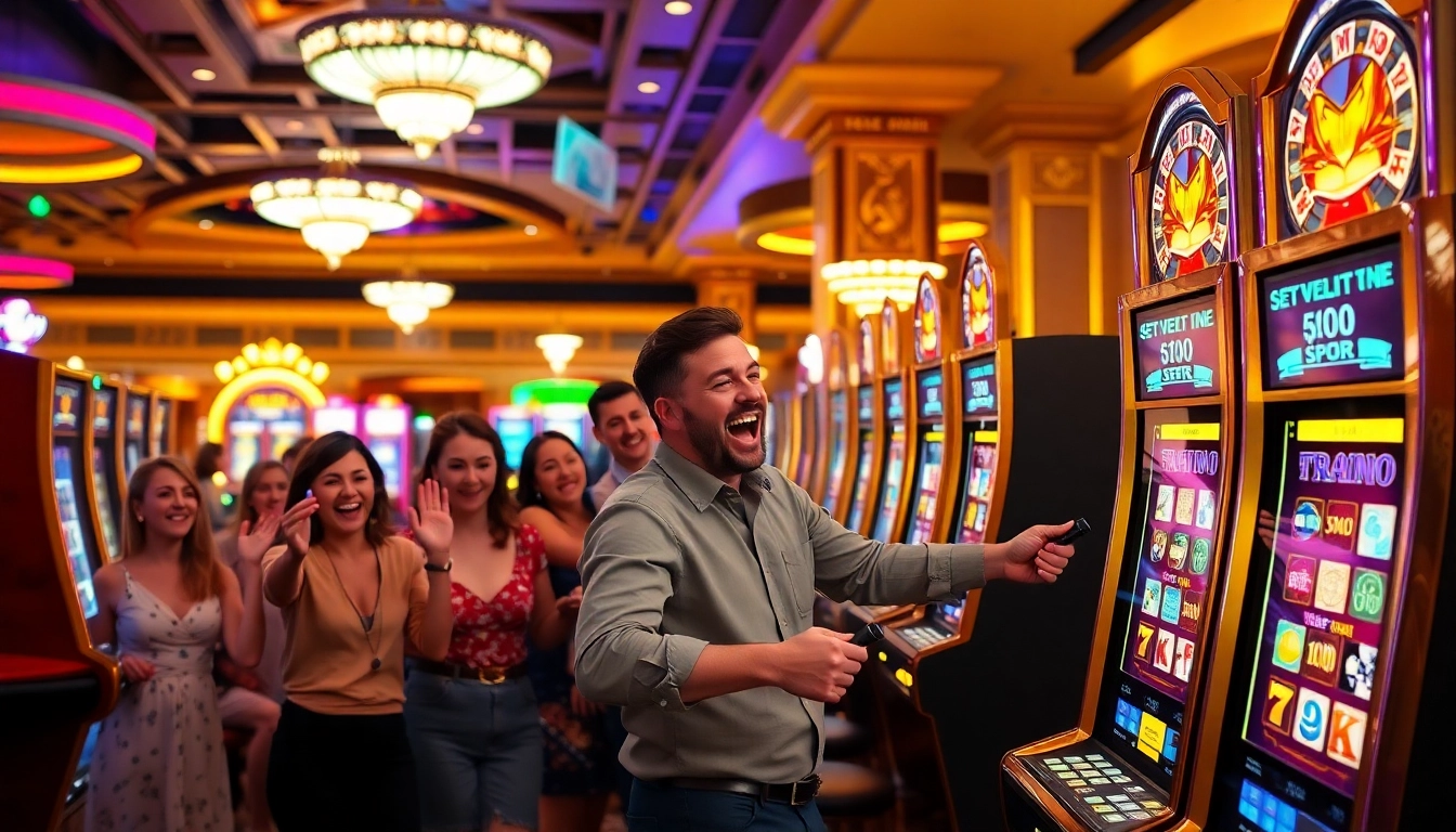 Para pemain menikmati momen kemenangan di mesin Slot Depo 1K dalam suasana kasino yang dinamis.
