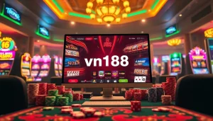 Experience vn168 đăng ký through an exciting online casino setup featuring vibrant slot machines and poker tables.