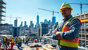 Manhattan General Contractor overseeing construction site with diverse workers in Manhattan skyline.