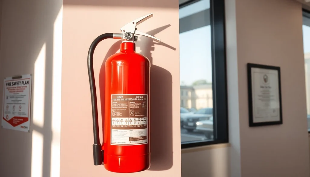 Electrical fire extinguisher mounted on a wall, promoting fire safety in a modern office.