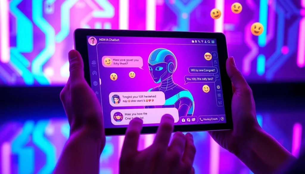 Engaging NSFW AI chatbot interface with vibrant digital elements and playful character.