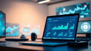 Infosec-themed workspace showcasing data analytics and cybersecurity elements in a modern setting.